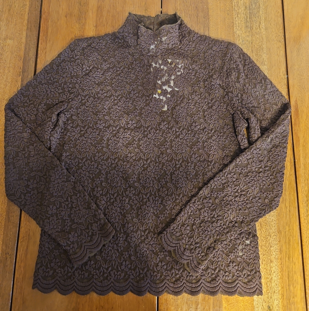 Jones New York Brown Lace Mock Neck Long-Sleeve Top